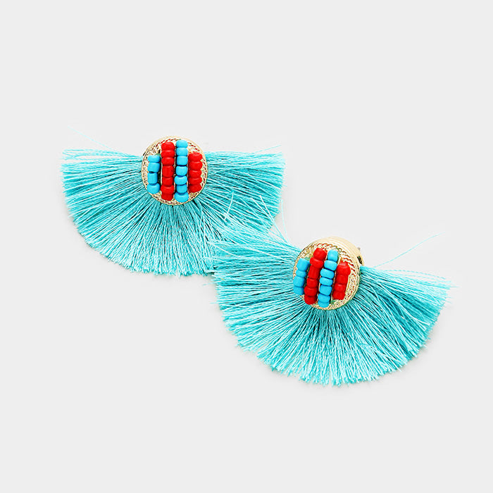 Turquoise Blue Beaded Tassel Stud Earrings