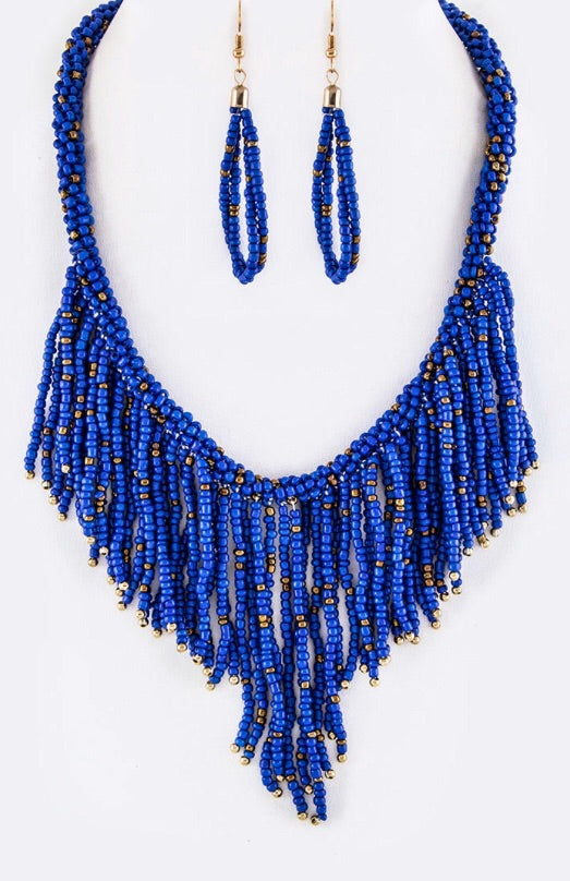 Blue beaded bib necklace