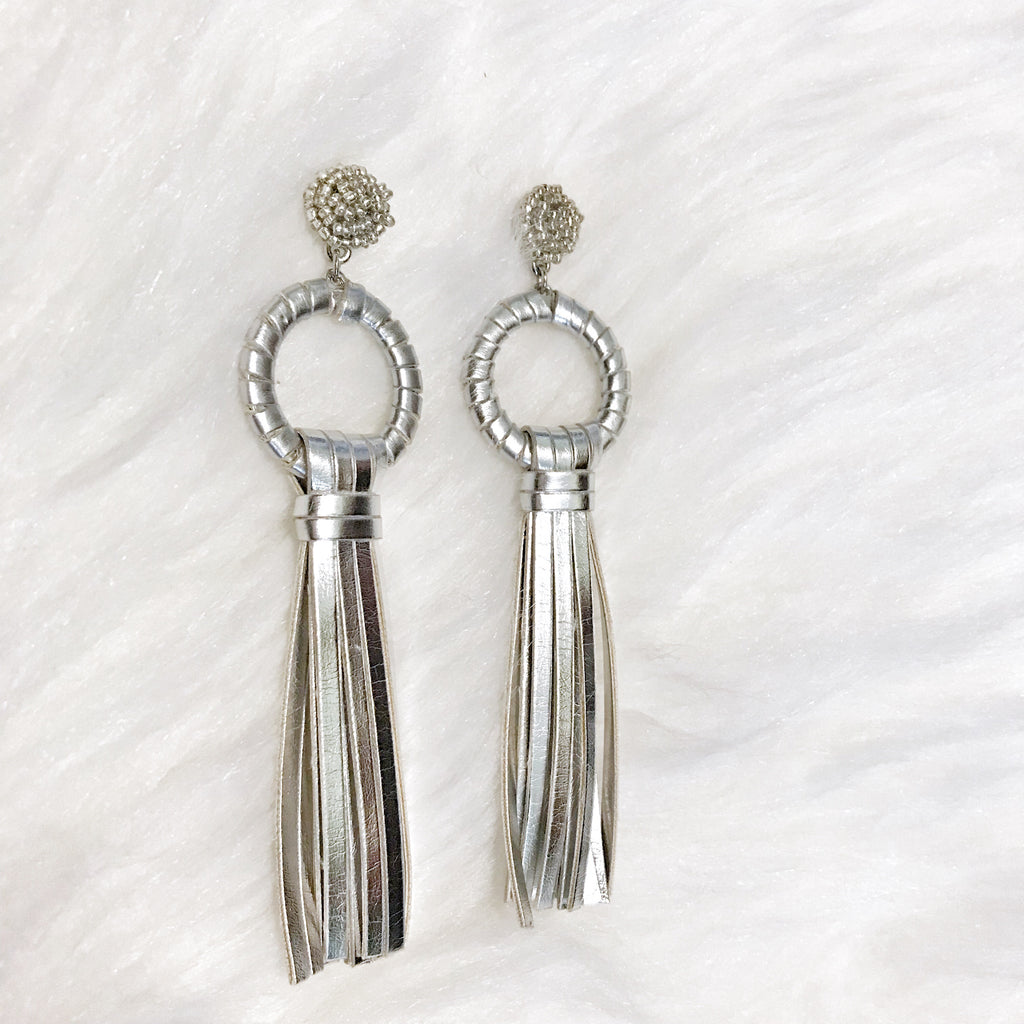 Silver leather tassel earrings